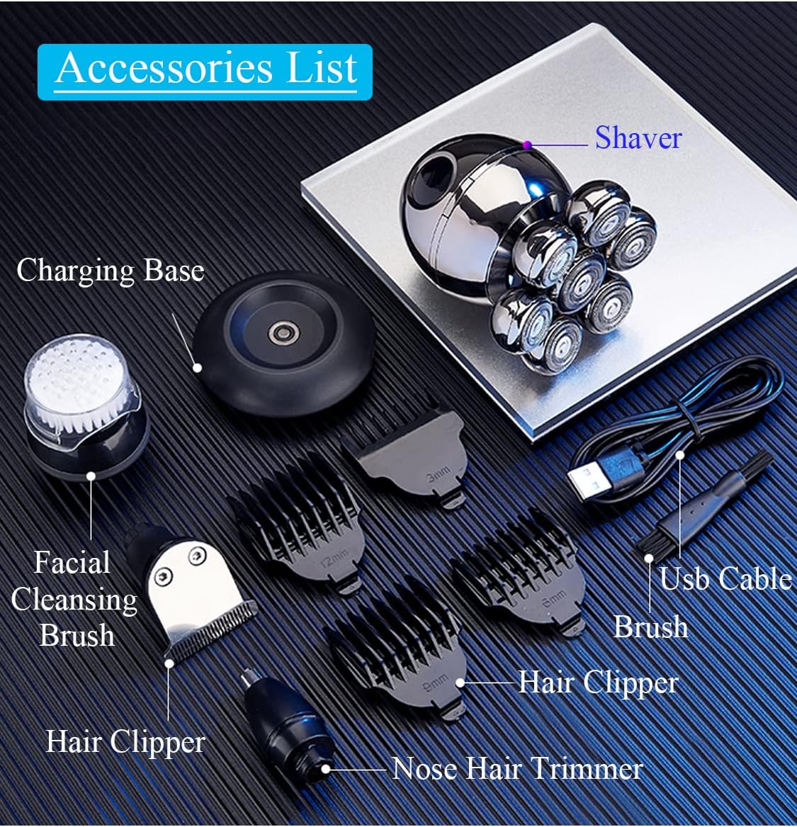 5-in-1 Electric Head Shaver for Bald Men - Rotary Design Head Shavers - Electric Men's Grooming Kit - with Rotary Blades, Clippers, Nose Trimmer, Brush, Massager - Cordless, and Rechargeable Pack of 2