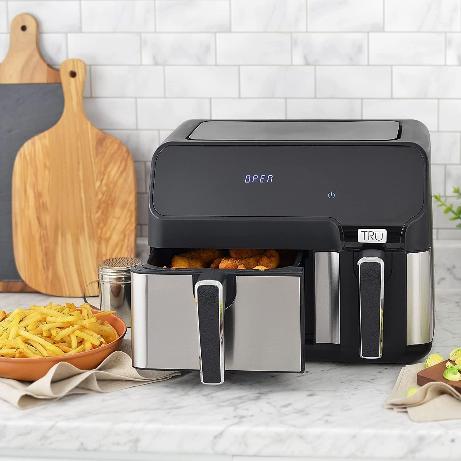 TRU Dual Zone Air Fryer, 9.0 Quarts, Temperature Control, Black and Stainless Steel