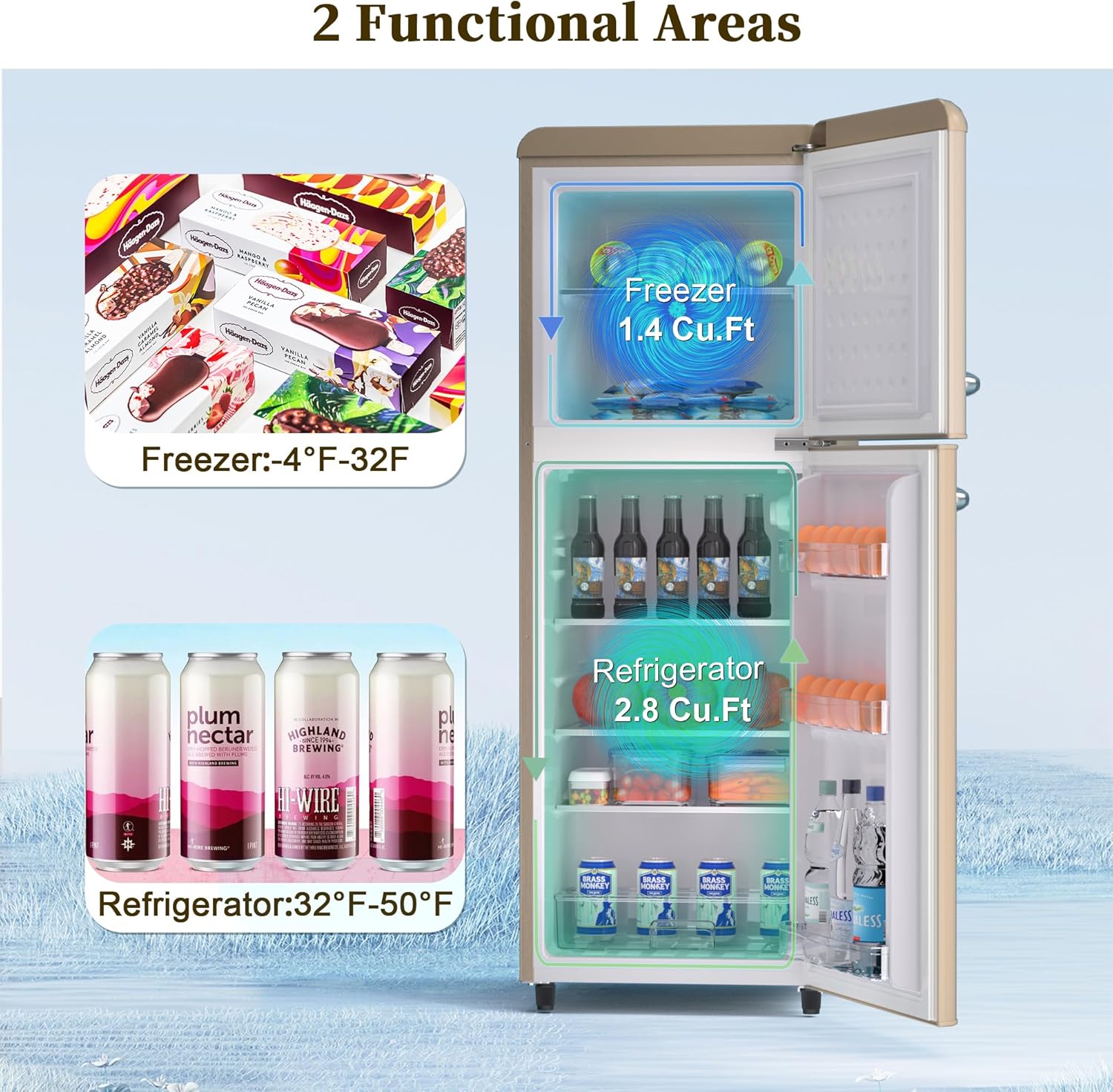 Retro Mini Fridge with Freezer for Dorm,4.2 Cu. Ft. Mini Fridge with Freezer Retro Style Double Door Small Fridge with Adjustable Thermostat, Retro Dorm Fridge with Freezer for Apartment,Office(Gold)