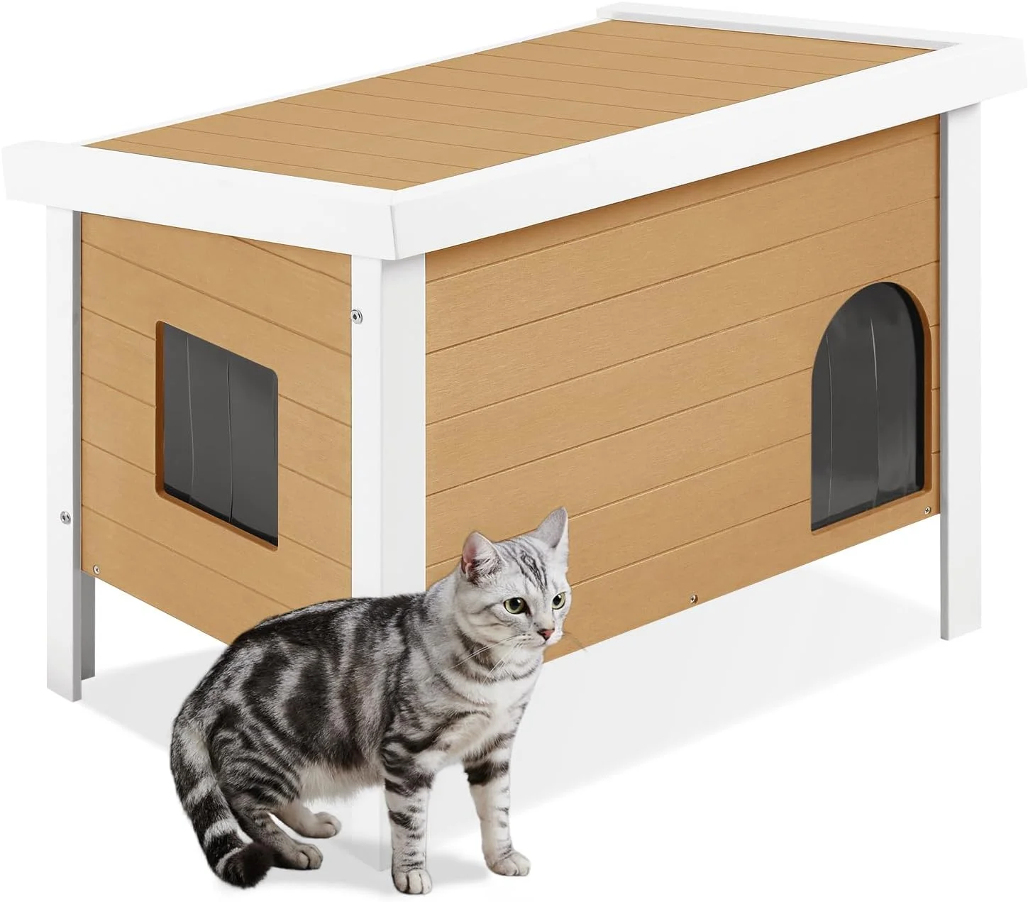 Efurden Insulated Outdoor Cat House with Escape Door, PS Material Weatherproof Cat House for Outdoor Cats, Elevated Feral Cat Shelter with Openable Roof, Teak - Curated Treasures Market