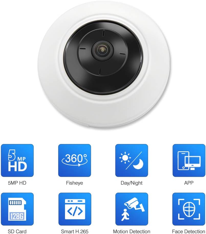 5 MP Fisheye Dome POE IP Camera, 1.05mm Fixed Lens, 360° Fisheye View, Audio in/Out Interface, Built-in Micro SD Slot, H.265+, POE.