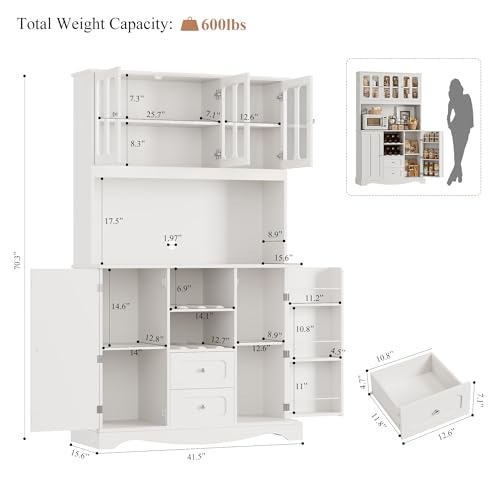 HORSTORS 70" Tall Pantry Cabinet, Kitchen Hutch with Microwave Stand, Modern Kitchen Storage Cabinet with 2 Drawers, Food Pantry with Wine Rack for Dining Room, Living Room, White