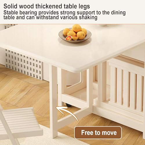 White Folding Dining Table, Wooden Drop Leaf Kitchen Table with 4 Brake Wheels, Drawers, Storage Cabinet, Expandable Space Saving Dining Room Table for Small Spaces, 140CM