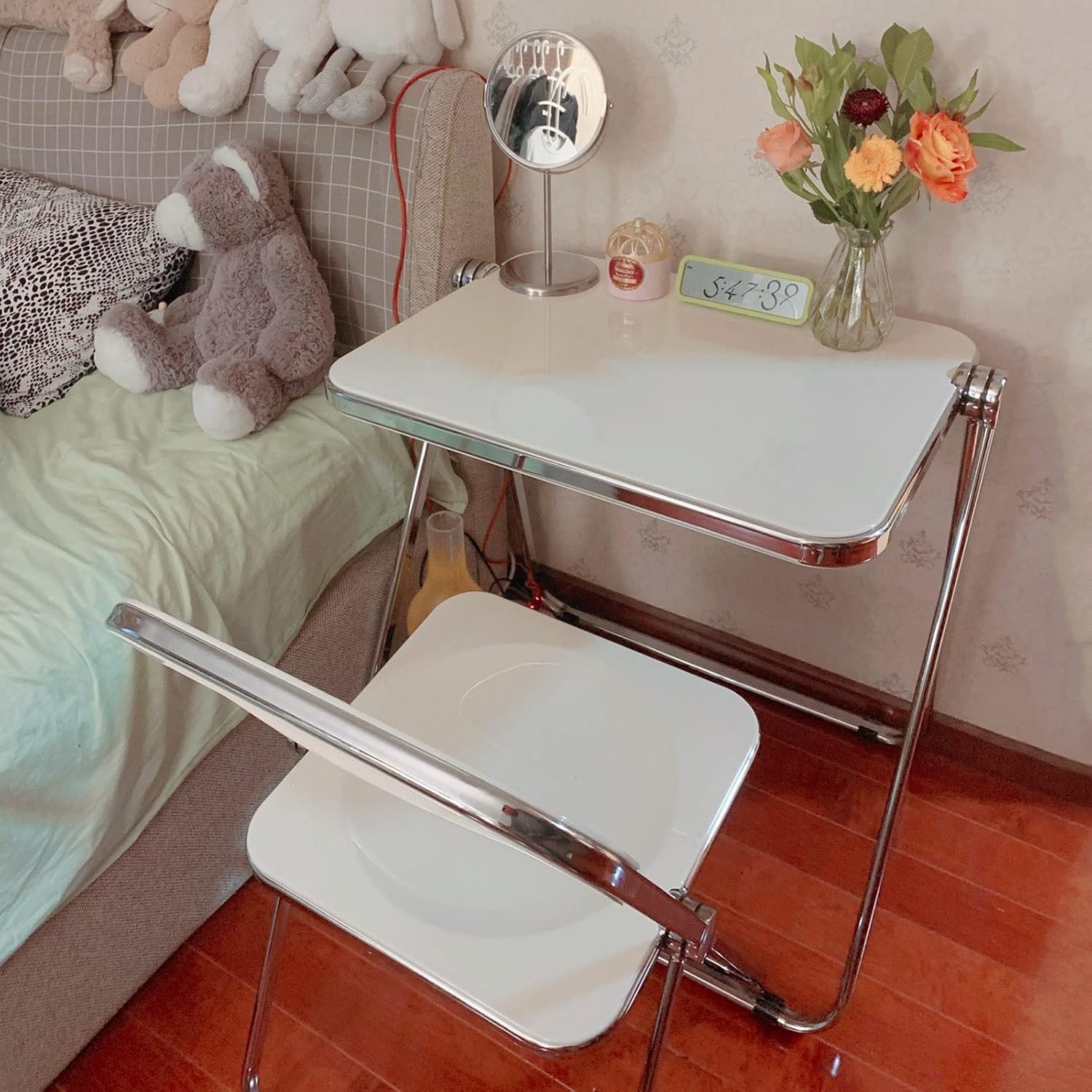 Folding Tray Table End Side Table, Stackable Folding Plastic Chairs Office Chair Seat Metal Legs, Portable Save Space, Furniture Home Room Bar Decor, Heavy Duty Double Braced Single Accent Desk