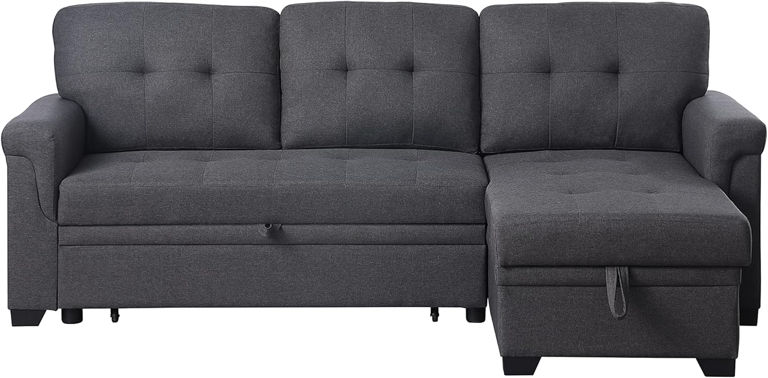 84'' Living Room L-Shape Convertible Sleeper Sectional Sofa with Storage Chaise and Pull-Out Bed, Linen Upholstered Reversible Corner 3 Person Couch, for Apartment, Dark Gray, 84 Inch