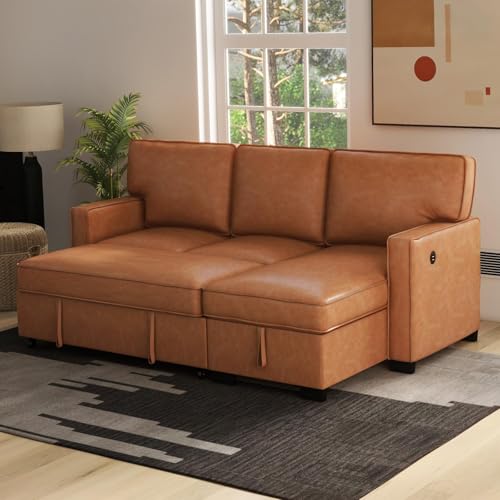 Convertible Sleeper Sofa 3 in 1, Chenille Modern L-Shaped Couches for Living Room, Pull Out Sectional Futon Sofa Bed with Storage Space, USB Ports and Cup Holders for Bedroom, Grey