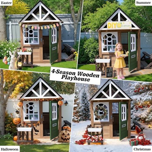 Kids Playhouse Outdoor,Wooden Play House Playset for Kids, Large, Sturdy, Realistic Design with Kitchen, Doorbell, Flower Pot, Stove, Sink & Clock, Perfect for Kid Ages 3-8 (Gray)