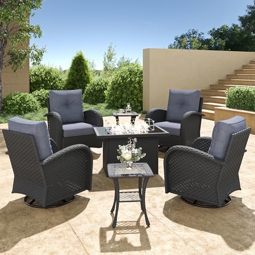 5 Pieces Wicker Patio Furniture Set, Luxury Outdoor Conversation Set with High Back Swivel Rocker Chairs