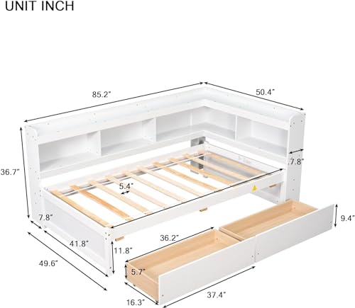 DEINPPA Twin Size Bookcase Bed, L Shape Captain Bed Frame with Storage Drawers, Wooden Platform Bed with Bookcase Headboard, Hug Bed Frame for Kids Teens Boys Girls-White