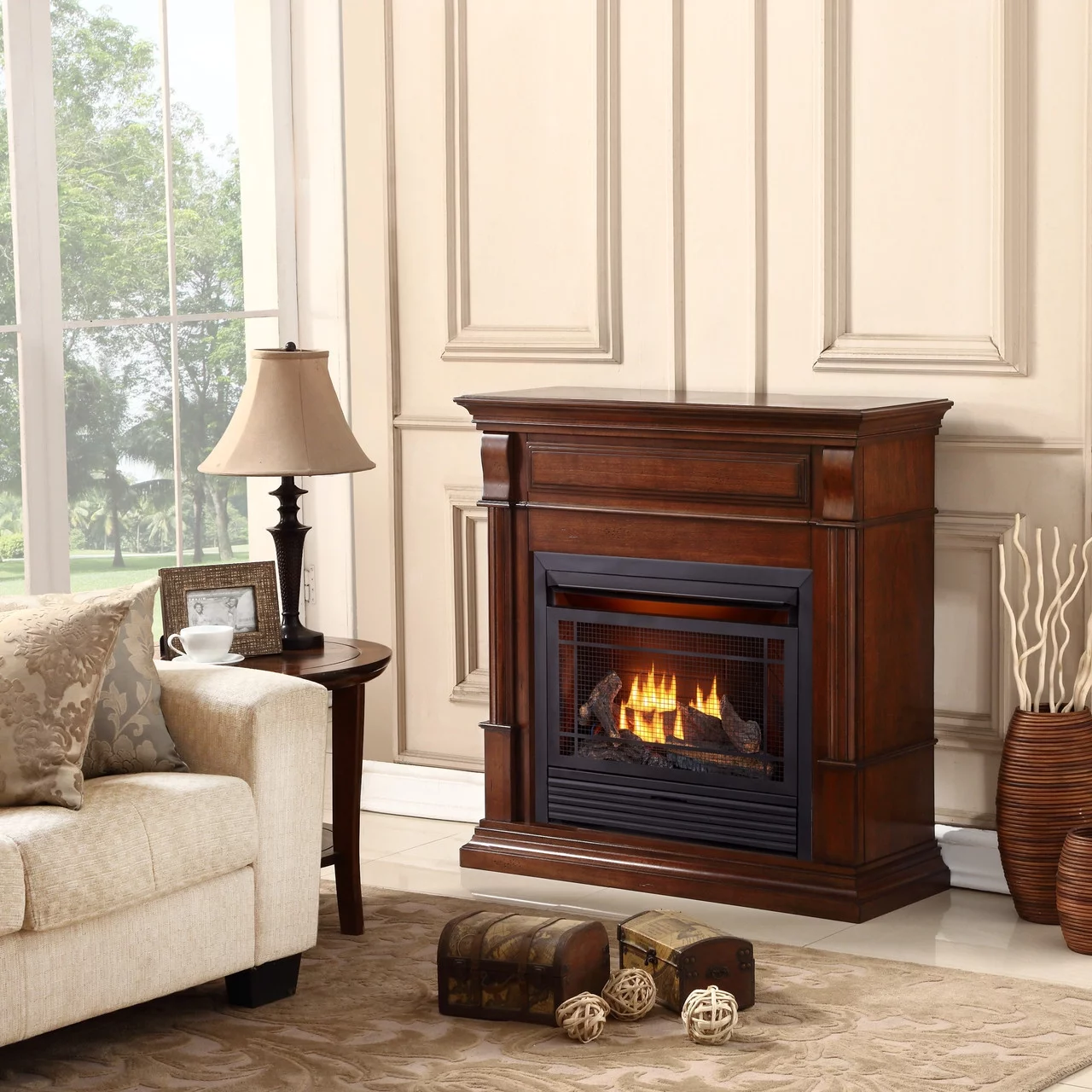 Duluth Forge Dual Fuel Ventless Gas Fireplace - 26,000 BTU, Remote Control, Auburn Cherry Finish