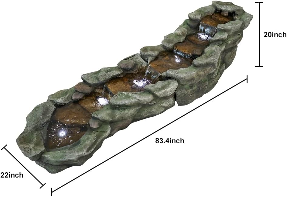 SunJet Outdoor Rock Water Fountain with LED Lights, 83.4" L x 22" W x 20" H River Stream Waterfall Feature for Home Garden, Yard, Patio, Deck Decor - Soothing Tranquility Floor-Standing Fountain