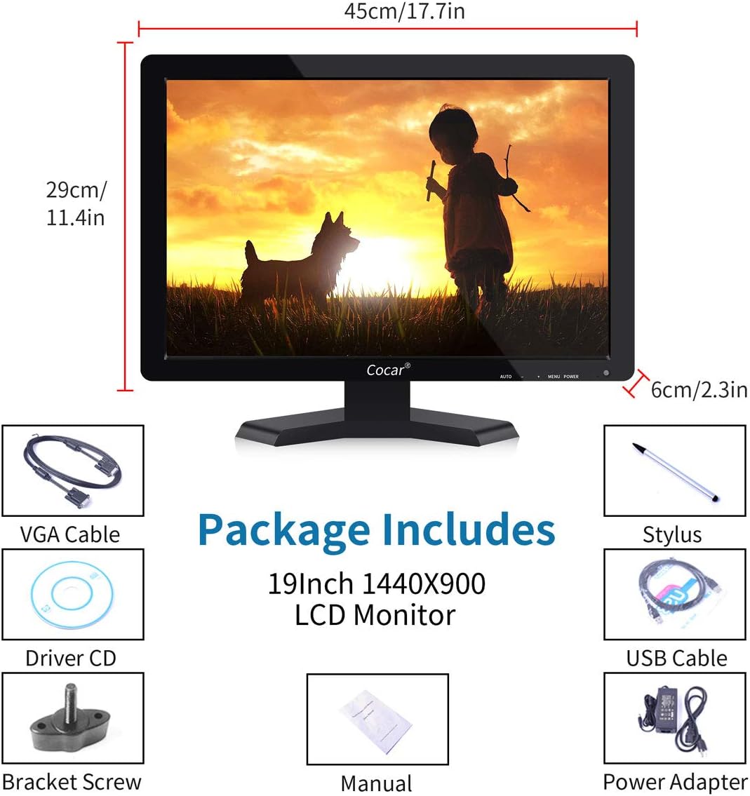 Touchscreen Monitor, 19 inch LCD Monitor POS Touchscreen Monitor 1440x900 High Res Built-in Touchscreen Display VGA USB Touch-Screen Monitor for PC POS Cashier Restaurant Bar Coffee Store