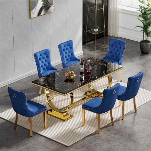 70" Luxurious Marble Dining Table Set for 6, Modern Faux Marble Dining Table with 6 Black Velvet Dining Chairs Set, Kitchen Table with Gold Stainless Steel Pedestal, 7 Piece Dining Table Set