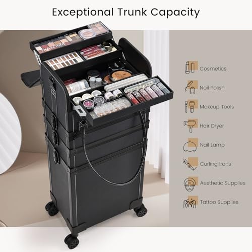 Costravio Rolling Makeup Case 5 IN 1 Cosmetology Case on Wheels Makeup Organizer Travel Case with Shoulder Strap for Makeup Artists Nail Tech School Salon Barber Makeup Trolley Cart Black Leather