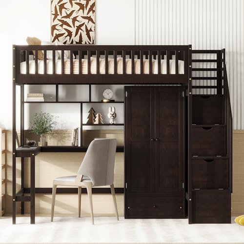 Full Size Loft Bed with Wardrobe Desk Storage Stairs, Wood Loft Bed Frame with Bookcase and Drawers, High Loft Bedframe for Kids Teens Adults, No Box Spring Needed, Espresso