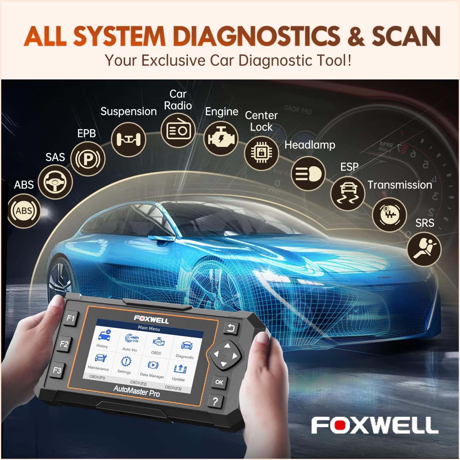 FOXWELL OBD2 Scanner NT624 Elite All Systems 5 Resets and Universal 12+8 Cable Adapter Connector