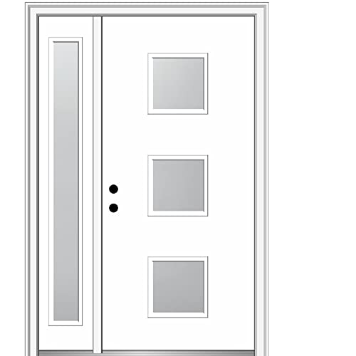 National Door Company, 50" x 80", Fiberglass Smooth, Primed, 3-Lite Square, Frosted Glass, Prehung Front Door with One Sidelite on 4-9/16" Primed Composite Frame