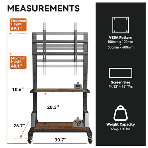 AENTGIU Rolling TV Stand Mobile TV Cart for 32"-75" All Brand TVs, Lockable Portable TV Stand on Wheels with Metal TV Mount & 2 Tier Wood Shelf for Living Room,Bedroom,Office(All Hardware Included)