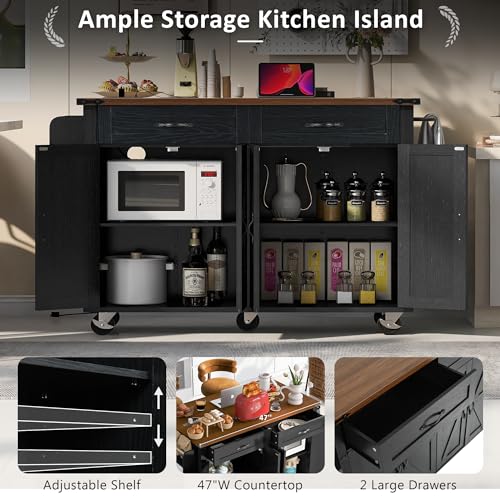 Kitchen Island with Storage, Rolling Kitchen Island Cart On Wheels with Power Outlet & Drop Leaf Countertop, Mobile Island Table for Kitchen with 2 Drawers 2 Cabinet, Spice Rack, Towel Rack, Black