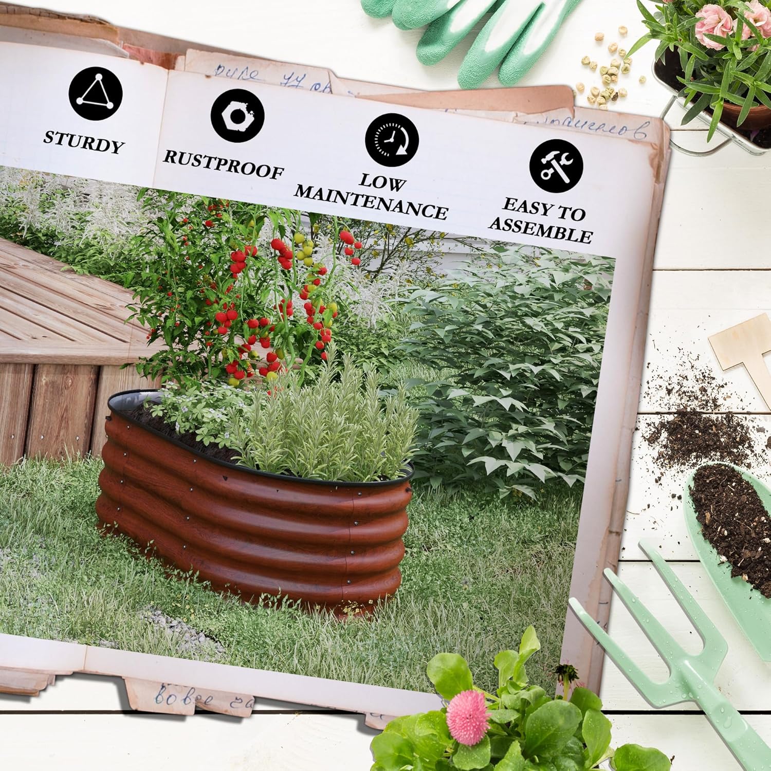 Raised Garden Bed, Galvanized Oval Metal Planter Elevated Garden Box for Gardening, Brown 41.25" L x 23.5" W x 16.5" H