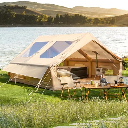 YOLENY Inflatable Tents for Camping, 4/6/8/10/12 Person Tent with TPU Skylight, Mesh Windows, Stove Jack & Pump, Easy Setup 4 Season Glamping Tent, Waterproof & Windproof