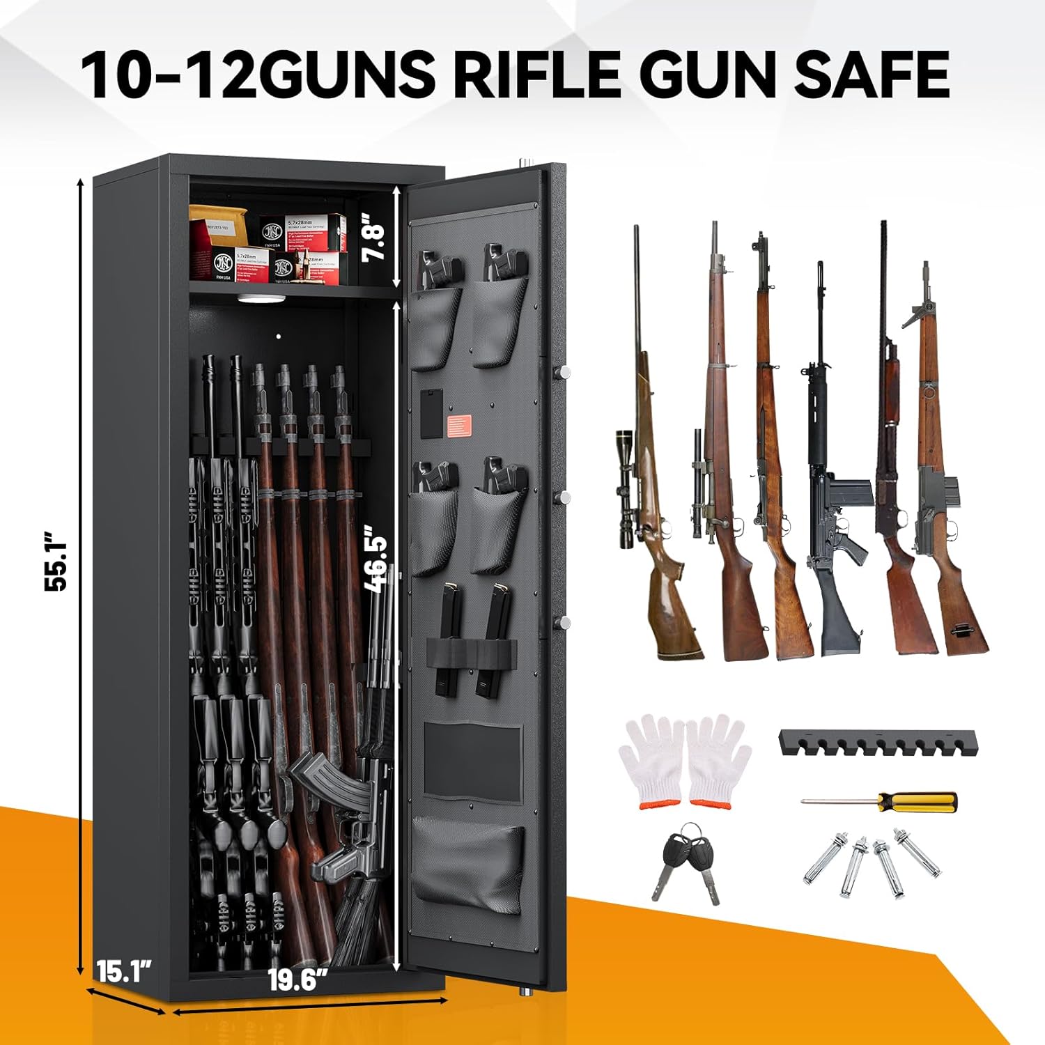 KAER [ 2024 New ] 10-12 Gun Safe, Large Gun Safe for Home Rifle and Pistol, Gun Cabinet, Rifle Safe, Quick Access Gun Safe for Rifles and shotguns, Rifle Gun Safe with Removable Shelf and Gun Rack