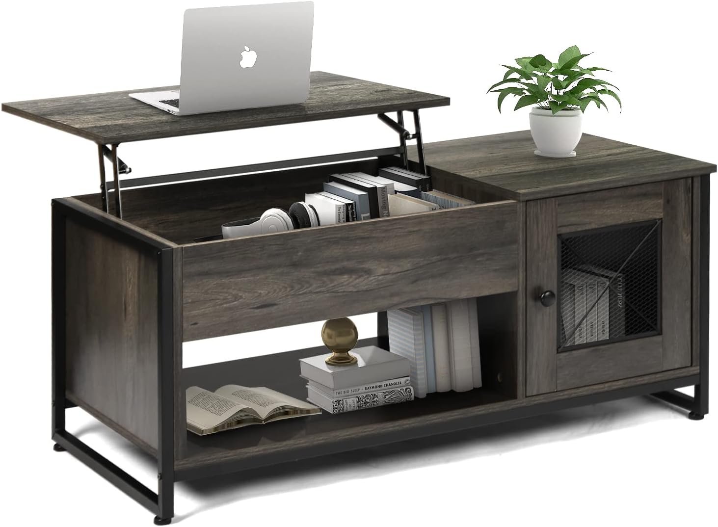 QLMUSE Industrial Lift Top Coffee Table with Metal Mesh Cabinet Door and Hidden Storage Compartment, Modern Dining Central Table with Wooden Lift Tabletop for Living Room Home Office (Black Oak)