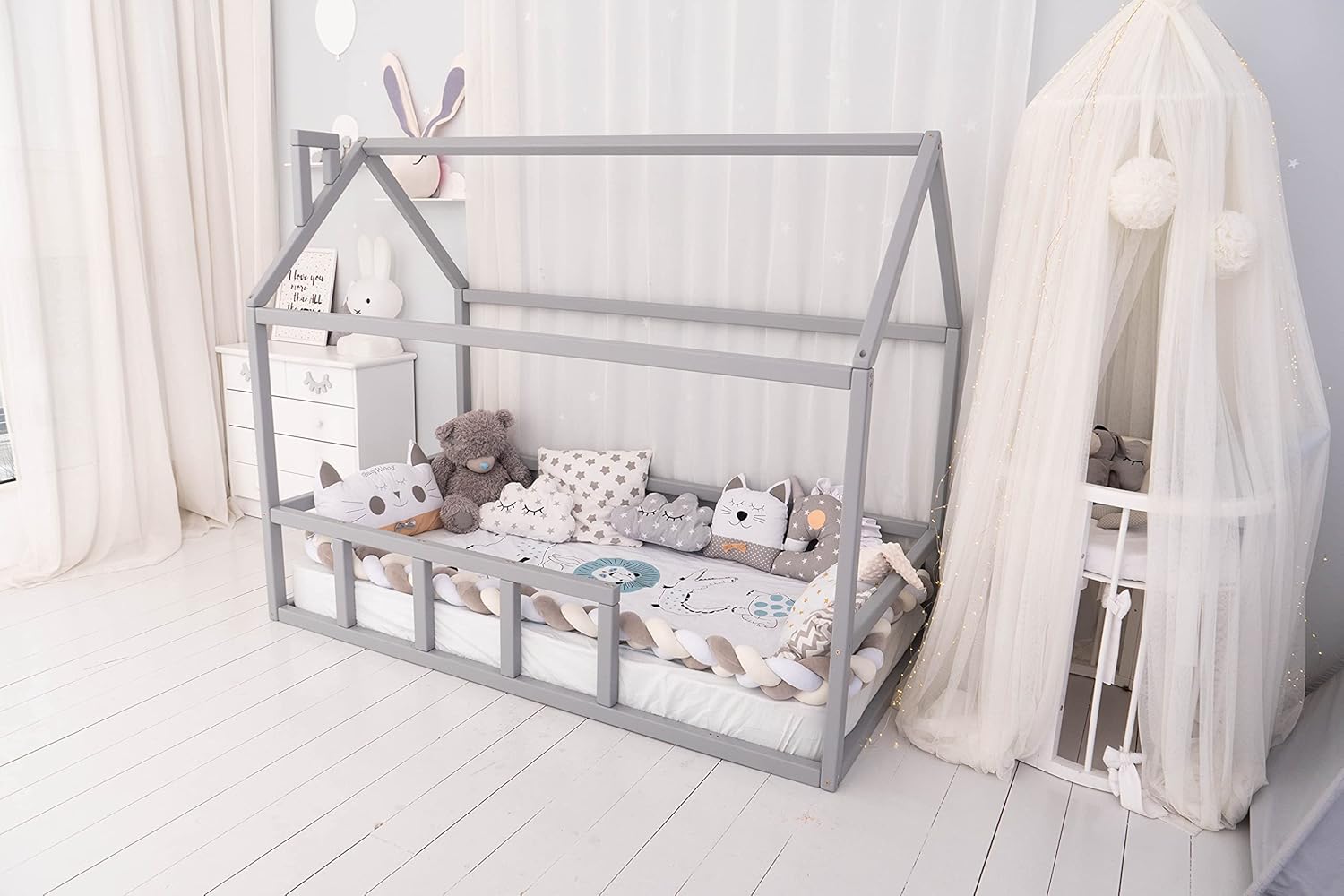 BUSYWOOD Montessori Twin House Bed - Toddler Floor Bed Frame - Kids Furniture - Indoor Playroom - Floor Bed House - Montessori Bed for Toddlers (Model 2, Grey, Floor Bed)