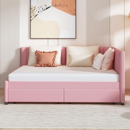 Twin Linen Fabric Upholstered Daybed with Trundle,Space-Saving Trundle Daybed Frame No Box Spring Needed,Modern Twin Size Sofa Bed for Apartment Living Room Bedoom(Beige)
