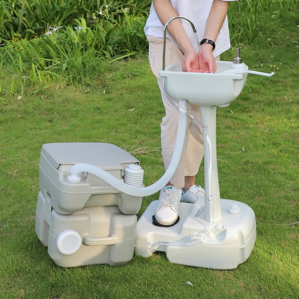 Upgraded Portable Sink and Toilet Combo| Self-contained 5 Gal Hand Washing Station & 5 Gal Flushing Toilet, Perfect for Camping/RV/Boat/Road Tripper/Camper, Detachable & Lightweight Removable, Compact