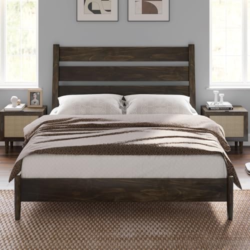 VanAcc Solid Wood King Bed Frame, Platform Bed with Reclining Slatted Headboard, Mid Century Bed Frame with Wood Slat Support, Dark Brown