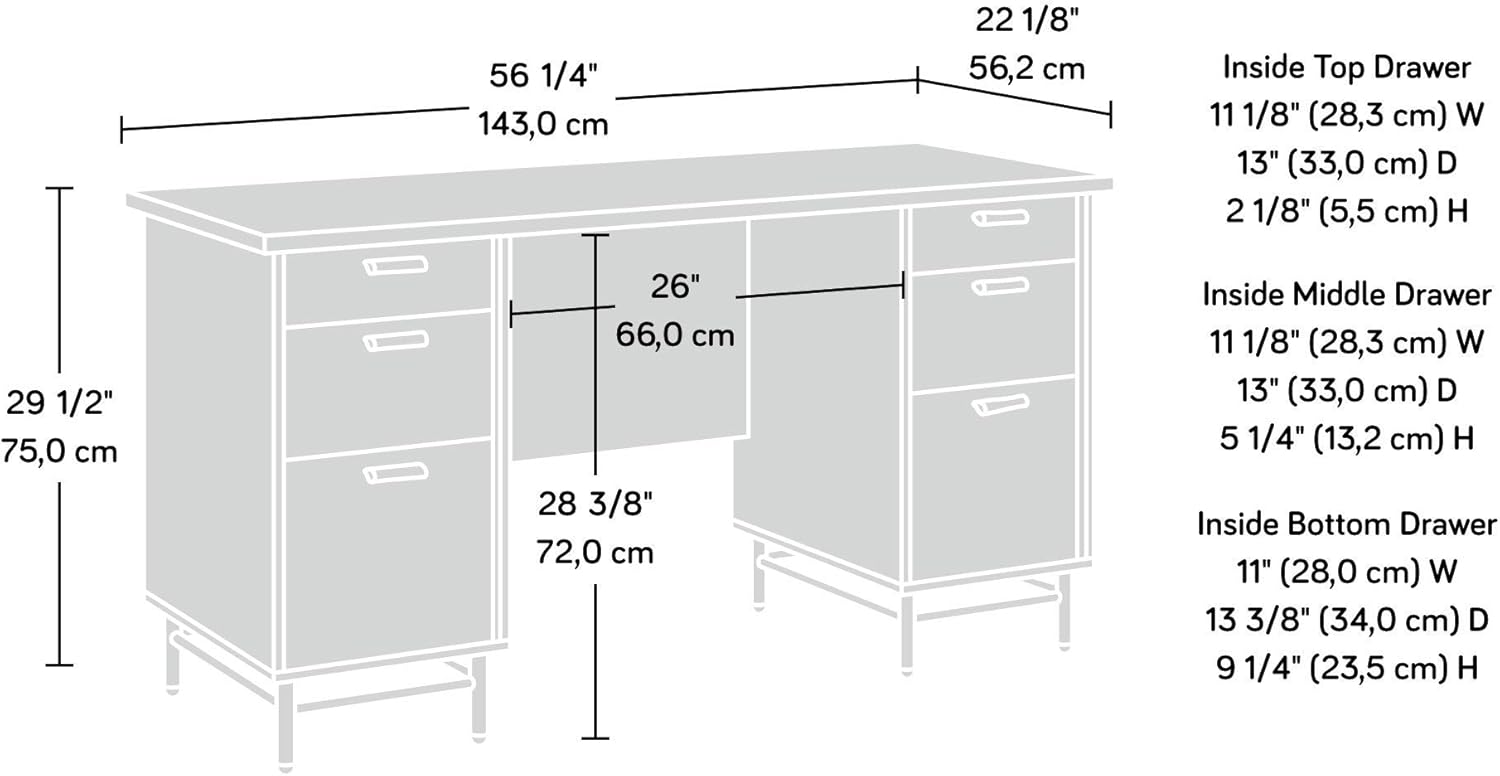 Sauder Anda Norr Executive Desk, L: 56.3" x W: 22.13" x H: 29.53", Sky Oak Finish