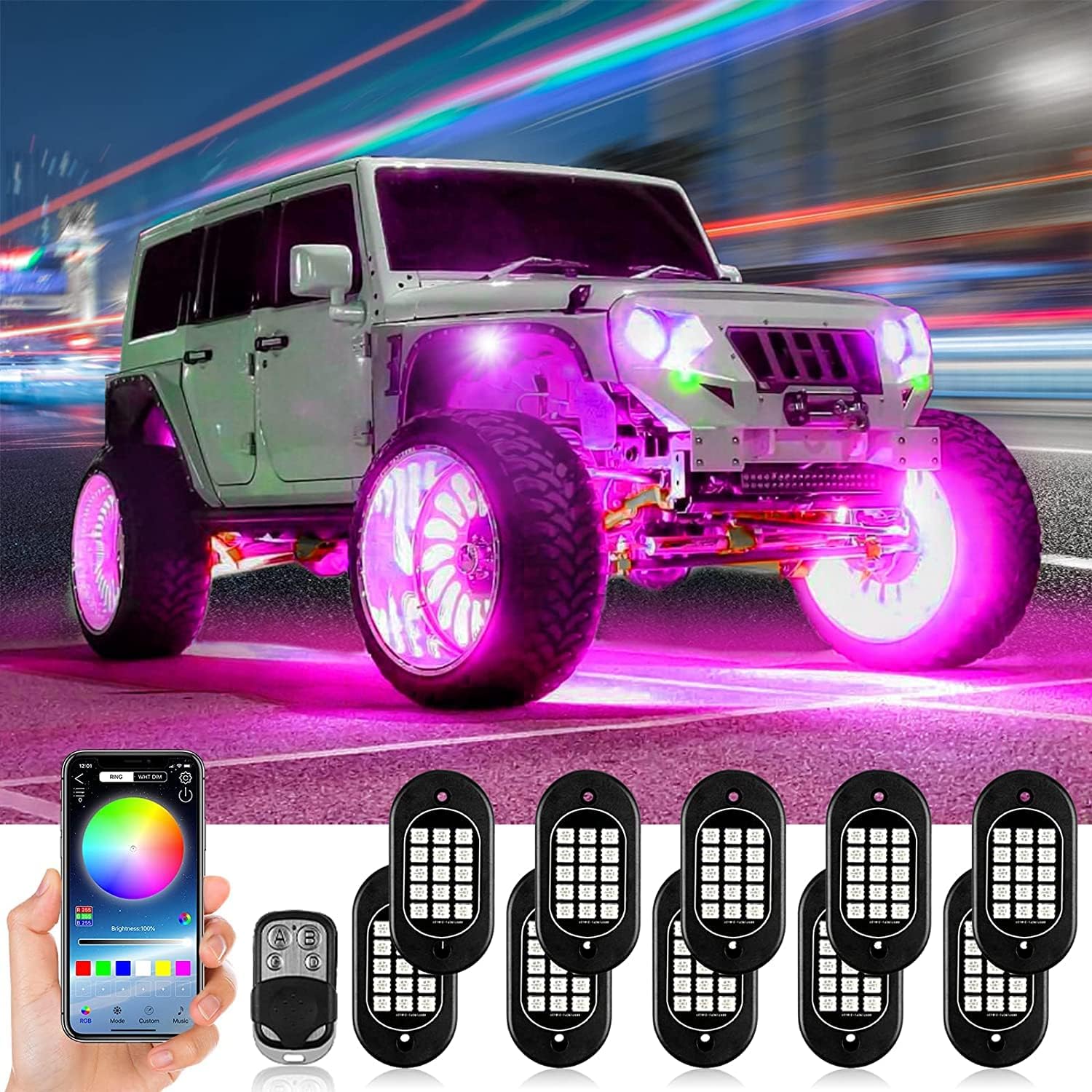 ROCBOC RGB LED Rock Lights, Underglow Lights for Trucks, Waterproof Car Neon Light Kit, with RF/APP Control Music Mode Timing Function for Jeep Off Road UTV ATV SUV (8 Pods)