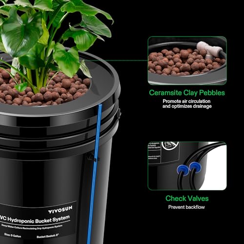 VIVOSUN DWC Hydroponics Grow System with Top Drip Kit, 5-Gallon Deep Water Culture, Recirculating Drip Garden System with Multi-Purpose Air Hose, Air Pump, and Air Stone (4 Buckets + Top Drip Kit)