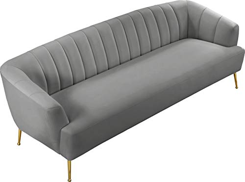 Meridian Furniture Tori Collection Modern | Contemporary Velvet Upholstered Sofa with Deep Channel Tufting and Ball Designed Custom Gold Legs, 84.50" W x 31.5" D x 29.75" H, Grey