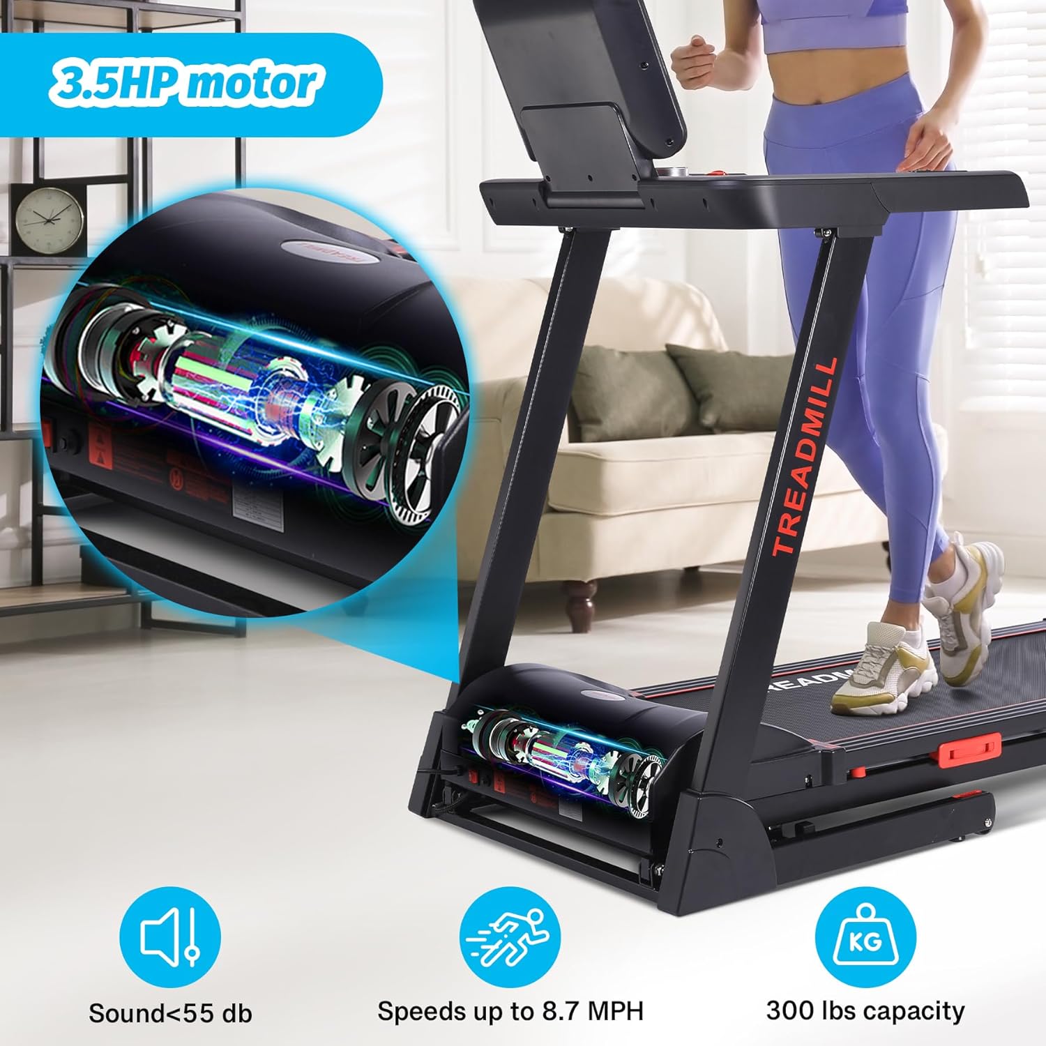 Treadmill with Auto Incline,Running Machine with Heart Sensor,3.5 HP Quiet Brushless,8.7 MPH, Shuttle Buttons,48*18in Running Area,Folding Treadmill for Home Office Indoor Cardio Exercise