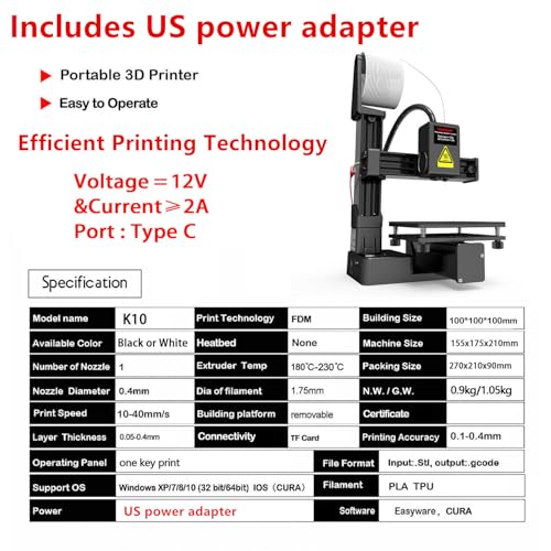 Portable 3D Printer - Compact FDM 3D Printer with Removable Build Plate, PLA & TPU Filament Compatibility, 0.4mm Nozzle, 100x100x100mm Build Volume, Easy-to-Use Design for Beginners