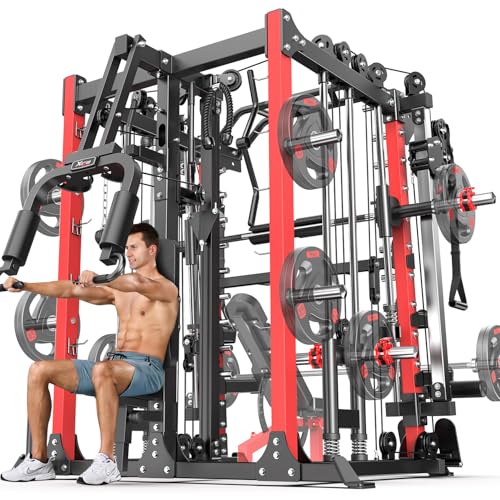 L05/07 Smith Machine，Multi-Function Squat Rack Power Cage with Cable Crossover System,with Weight Bench, Olympic Barbell Weight Set, for Home Gym