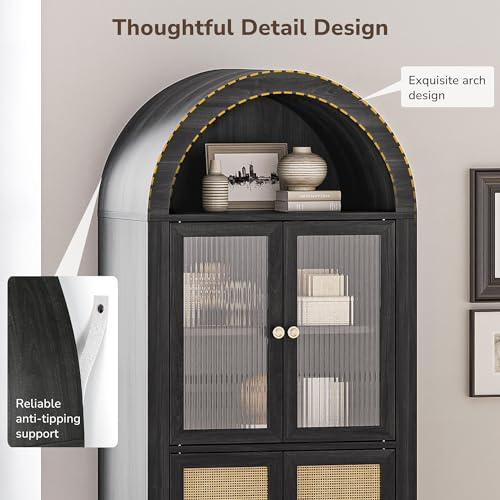 BELLEZE Arched Storage Cabinet with Doors, 65.5 Inches Bookcase, Freestanding Kitchen Pantry Cupboard Tall China Glass Cabinet Display Case for Home Living Room, Adjustable Shelves, White Lotus