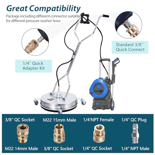 Towallmark 24" Pressure Washer Surface Cleaner with Dual Handle, 4 Wheels, 3/8" Quick Connect, 2 Replacement Nozzles, Stainless Steel Power Washer Surface Cleaner for Driveway Sidewalk Patio 4000 PSI