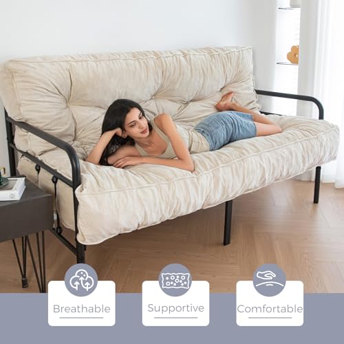 MAXYOYO 8" Futon Mattress Full Size, Extra Thick Futons Sofa Couch Bed, Velvet Floor Mattress for Adults, Shredded Foam Filling (Frame Not Included), Beige