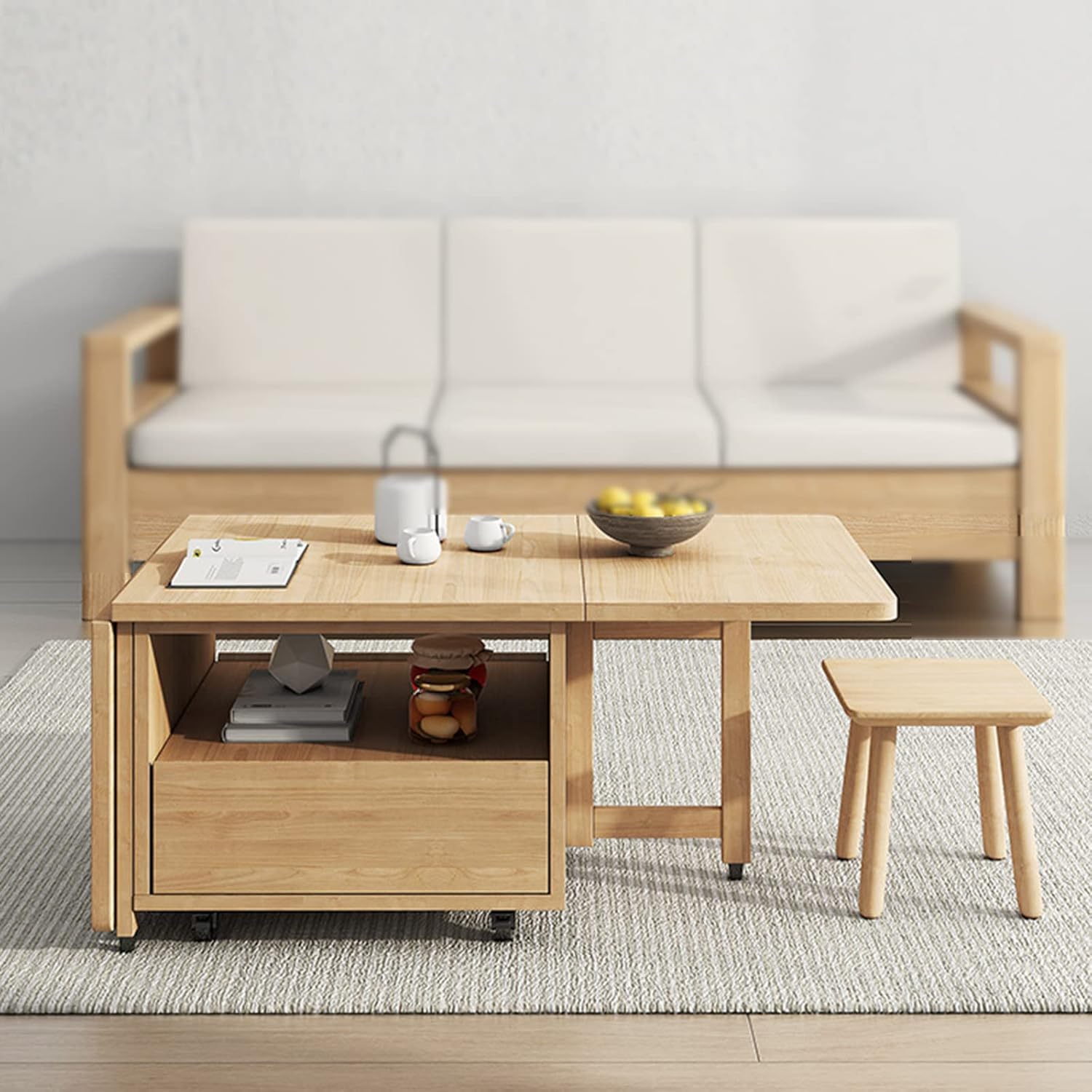 Folding Coffee Table, Multifunctional Dining Table, Solid Wood Drop-Leaf Tea Table with Rollers, Save Space, for Living Room Dining Kitchen Bedroom Furniture, 1.4m, Wood Color