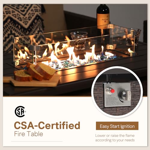 SUNSITT Outdoor Fire Pit Table 43 Inch Wicker Propane Fire Pit with Aluminum Tabletop 50,000 BTU Gas Firepit with Fire Glass, Lid, Cover, Taupe Rattan