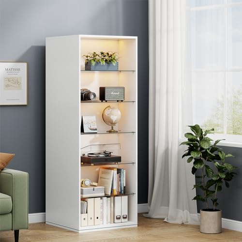 Rotating Shoe Rack with Sensor Light, Spinning Shoe Rack Tower with Glass Shelves, 360°Revolving Shoe Storage Organizer Lazy Susan Shoe for Entryway, Hallway, Living Room (White)