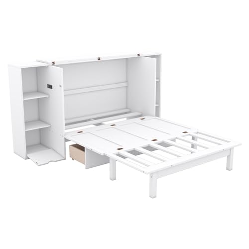 Queen Size Murphy Bed with Shelves and Storage Drawers, Wood Wall Bed Cube Bed Frame with USB Ports for Home Office, Small Room, Apartments, Guest Rooms, Bedroom, Furniture (White, Queen)