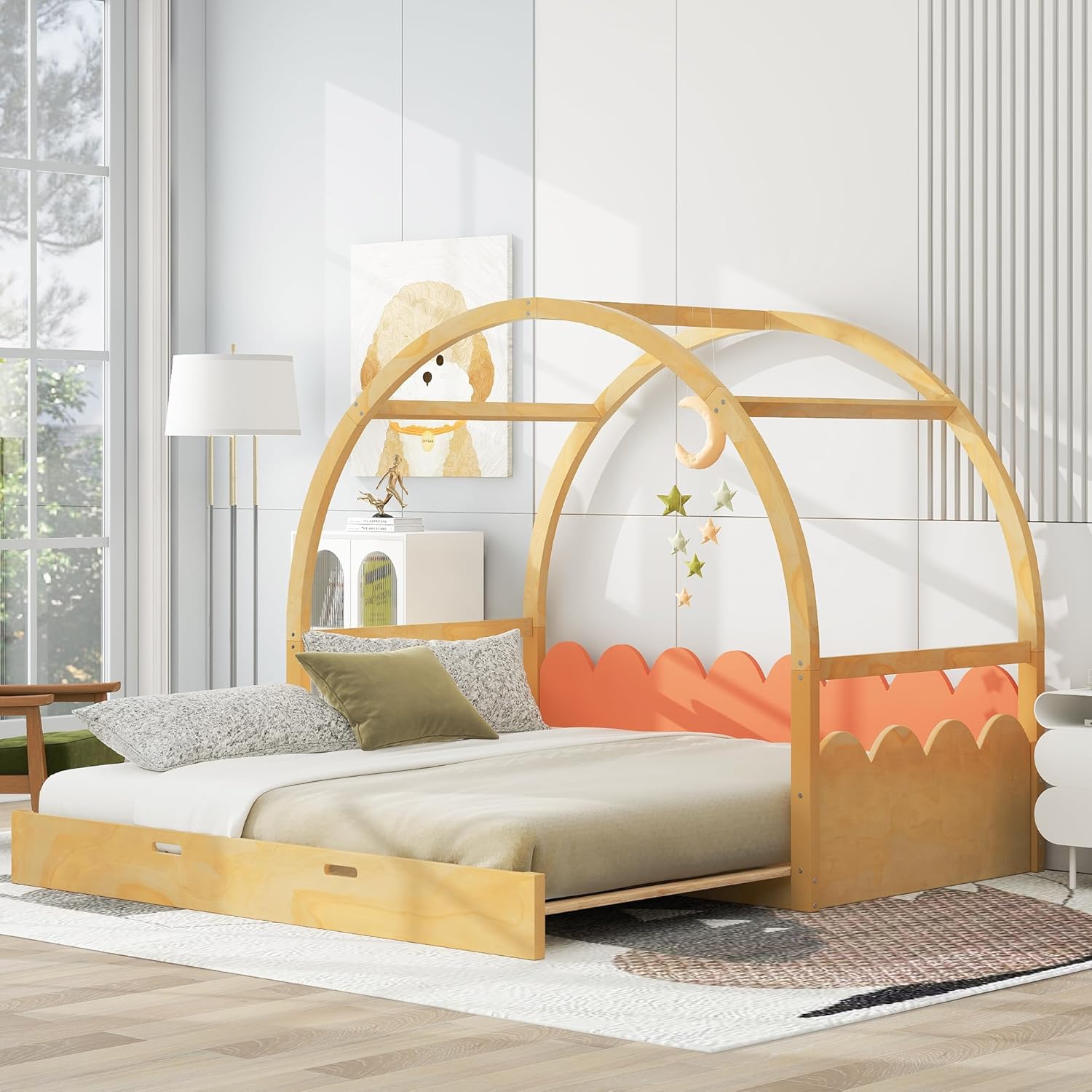 Floor Bed Twin to King, Wood House Montessori Bed Frame with Fence Rails and Vaulted Roof, Extending Kids Bed for 2 Girls Boys, Playhouse Design, Natural