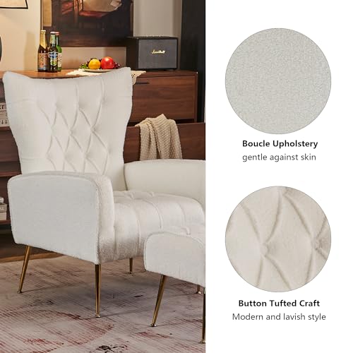 Accent Chair with Ottoman, Upholstered Tufted Boucle High Wingback Armchair with Gold Metal Legs, Club Chair with Ottoman, Reading Sofa Chair for Living Room Bedroom Office, White