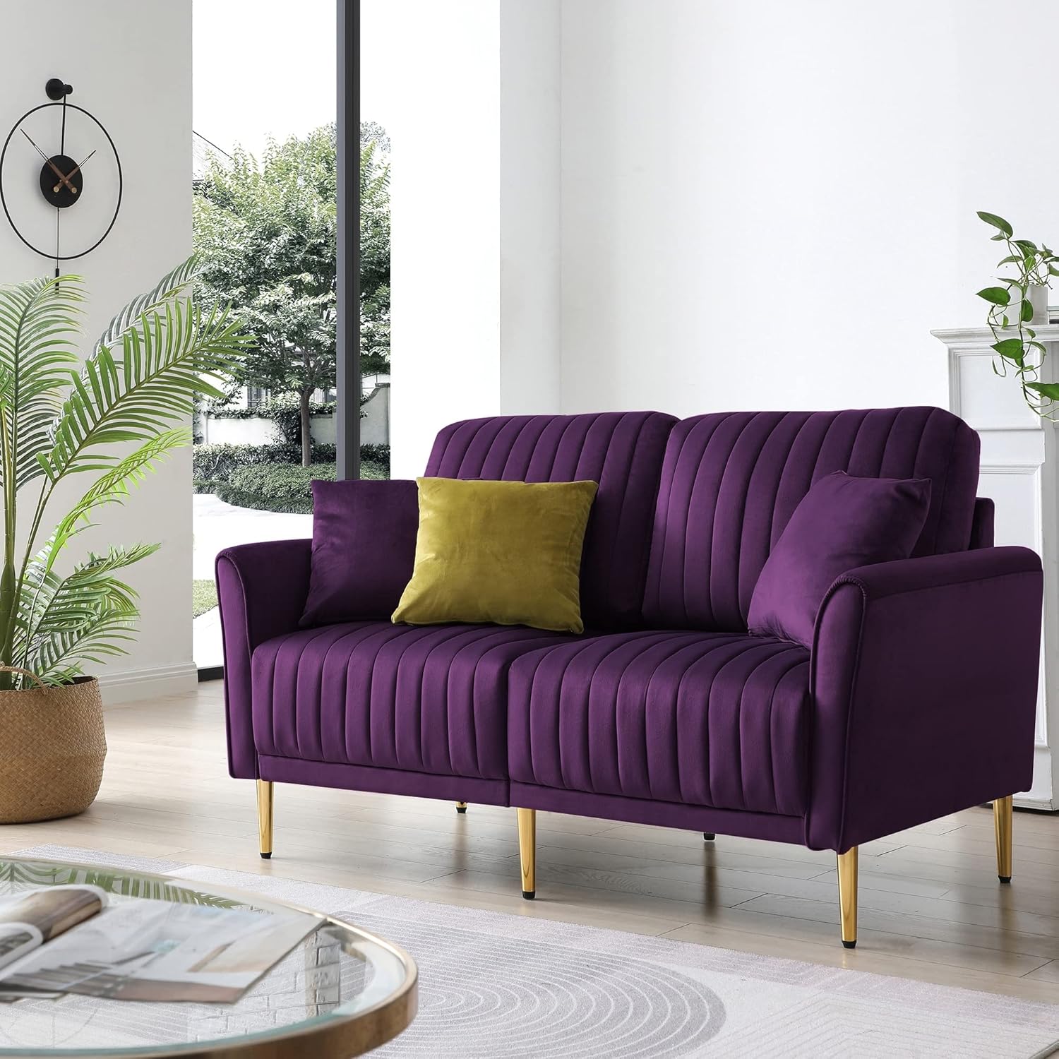 Purple Velvet Reversible Back 2-seat Sofa Loveseat Solid Mid-Century Modern Metal Handmade