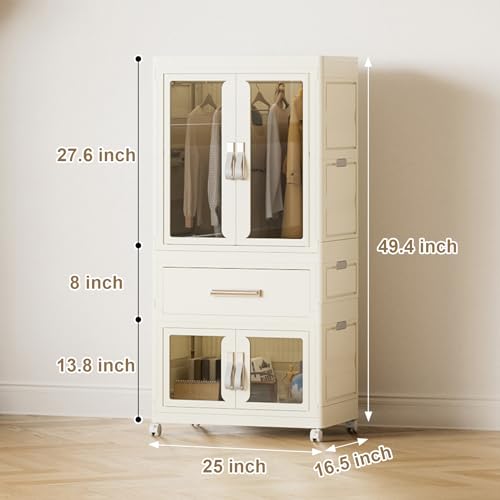 Portable Closet Wardrobe for Hanging Small Clothes, Folding Stackable Storage Bins with Lid, Folding Storage Box, 1 Hanging Area, 1 Drawer, 1 Storage Area（25Wx16.5Dx49.4H）