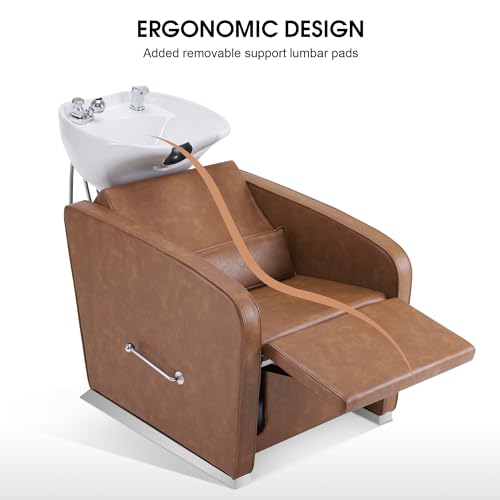 BarberPub Backwash Shampoo Station Chair, Adjustable Porcelain Ceramic Hair Wash Bowl Sink Unit Station, Reclining Shampoo Station Chair for Spa Beauty Salon Hair Salon Equipment 9303 (Beige)